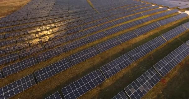 Letecký pohled. Létání nad solární elektrárnou se sluncem. Solární panely a slunce. Výstřel ze vzdušného letounu. 4k Prores Hq Ukraine — Stock video
