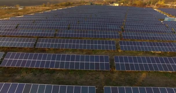 Antenninäköala. Aurinkovoimalan yllä lentäminen auringolla. Aurinkopaneelit ja aurinko. Antennilennokki laukaus. 4K ProRes päämaja Ukraina — kuvapankkivideo