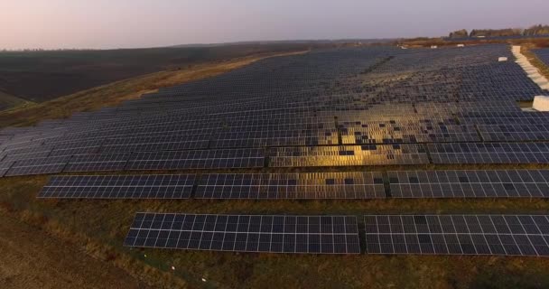 4K Veduta aerea dei pannelli solari Fattoria cella solare con luce solare. concetto di energia alternativa verde rinnovabile campo in Europa . — Video Stock