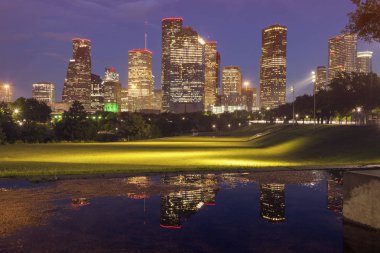 Gece Houston Panoraması. Houston, Teksas, ABD.