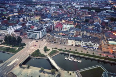 Malmo akşam hava Panoraması. Malmö, Scania, İsveç.