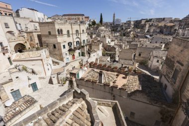 Sassi Matera - eski şehir panoraması. Matera, Basilicata, İtalya.