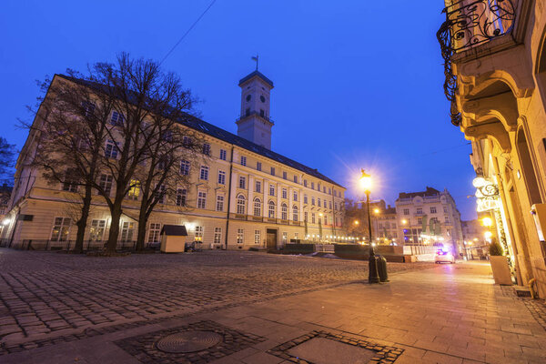 Lviv City Hall at night. Lviv, Lviv Oblast, Ukraine.
