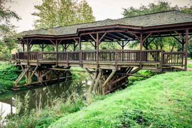 Bialowieza Ulusal Parkı 'ndaki Tahta Köprü. Bialowieza, Podlaskie, Polonya.