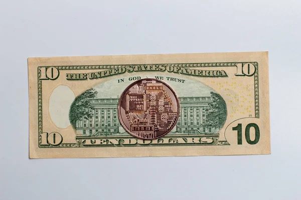 Bitcoin Munt Dollar Bills — Stockfoto
