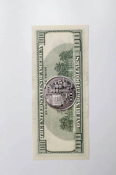 Moeda Bitcoin Notas Dólar — Fotografia de Stock