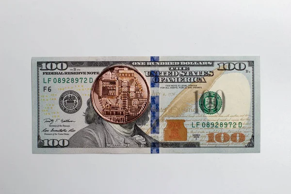 Bitcoin Κέρμα Και Δολάριο Γραμμάτια — Φωτογραφία Αρχείου