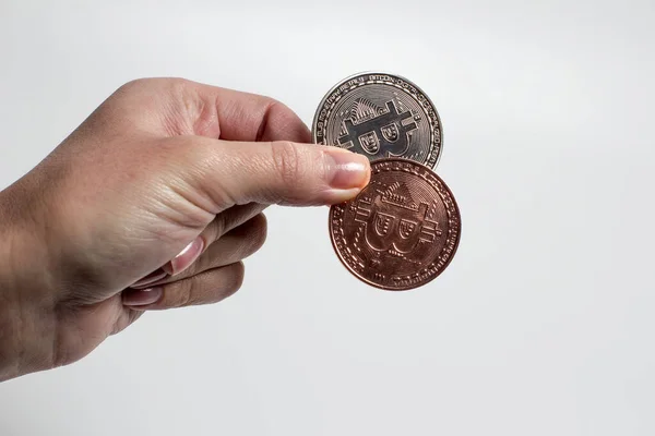 Bitcoin Coin Hands Girl White Background — Stock Photo, Image