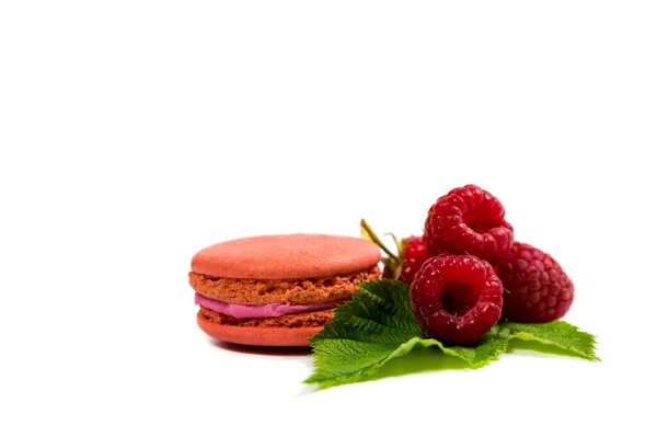 Sabrosas Galletas Macarrones Frambuesas Maduras Sobre Fondo Blanco — Foto de Stock