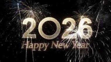 Happy New Year 2026 and Merry Christmas greeting banner, fireworks