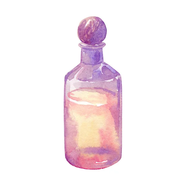Essential oil in bottle. Hand drawn watercolor illustration. Isolated on white background.