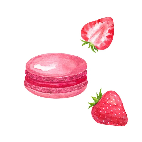 Macaron rosa con relleno rojo y fresa. Ilustración acuarela dibujada a mano. Aislado sobre fondo blanco . — Foto de Stock