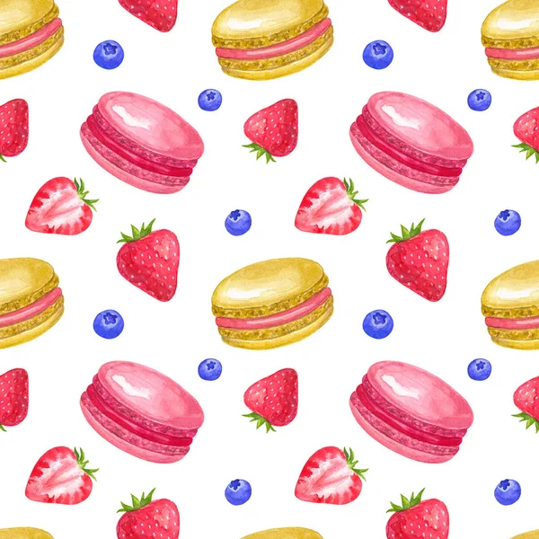 Padrão sem costura com morango e macaroons. ilustração aquarela desenhada à mão. Isolado sobre fundo branco . — Fotografia de Stock