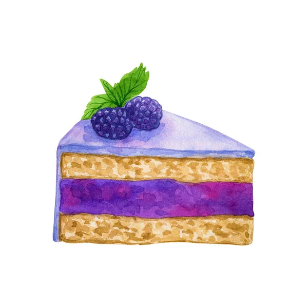 Torta Viola Con Mora Glassa Illustrazione Acquerello Disegnato Mano — Foto Stock