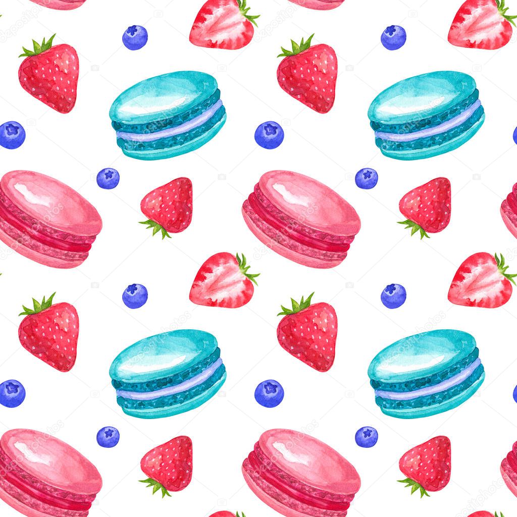 Seamless pattern with strawberry and macaroons. Hand drawn watercolor illustration. Isolated on white background.