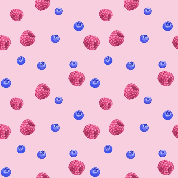 Raspberry Blueberry Seamless Pattern Pink Background Hand Drawn Illustration — Stock Photo, Image