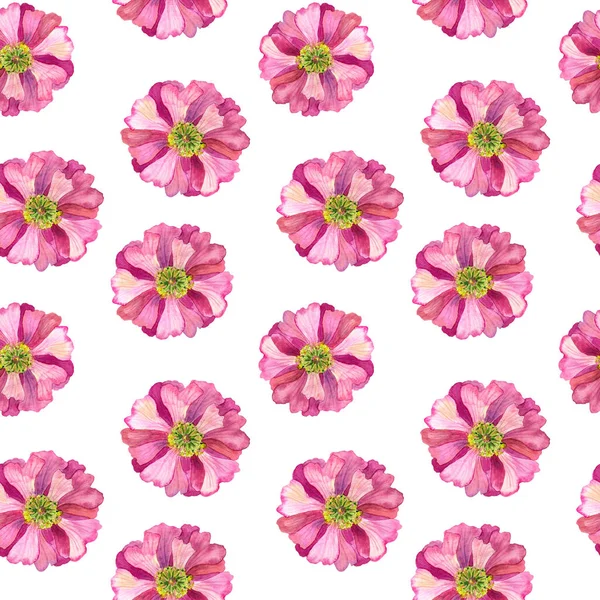 Seamless mönster med rosa blommor på vit bakgrund. Hand dras akvarell illustration. — Stockfoto