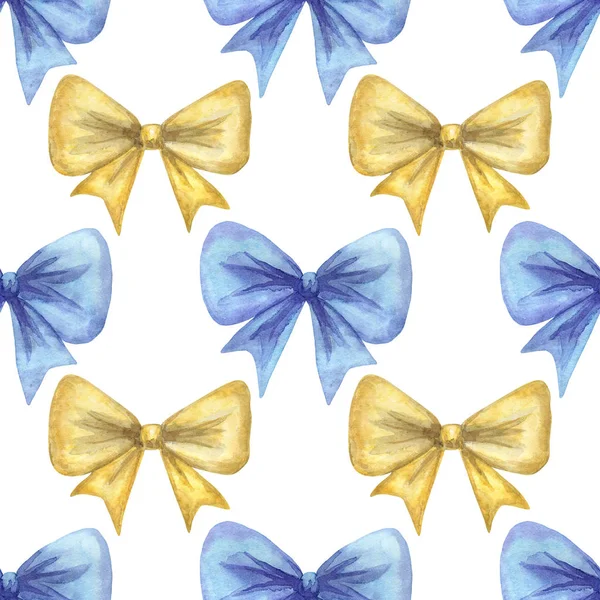 Yellow and blue bows. Seamless pattern. Hand drawn watercolor illustration. — Stok fotoğraf