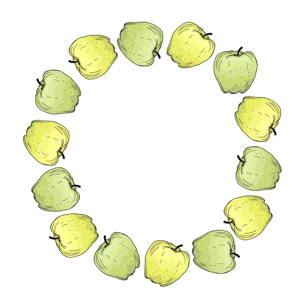 Round frame with bright green and yellow apples. Vector hand drawn illustration. Isolated on white background. — Stockový vektor