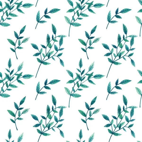 Folhas Verdes Decorativas Ramo Branco Padrão Sem Costura Ilustração Aquarela — Fotografia de Stock