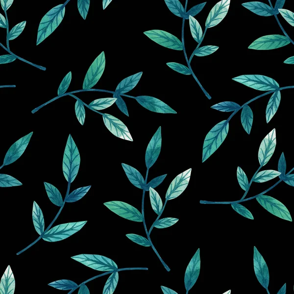 Frunzele verzi decorative pe ramură pe fundal negru. Un model fără sudură. Ilustrație de acuarelă desenată manual . — Fotografie, imagine de stoc