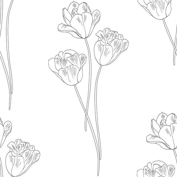 Vzor Bezešvé Tulipány Ručně Kreslené Vektorové Ilustrace Černobílý Tisk Černobílé — Stockový vektor