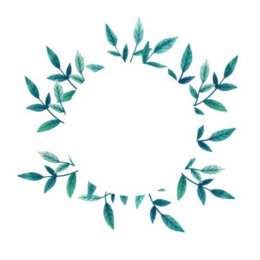 Yaprakların yeşil dallar şablonu. Yuvarlak çerçeve çiçek. Elle çizilmiş suluboya. Botanik etiket. Davetiye, tebrik kartları, doğal kozmetik, ambalaj ve çay için.
