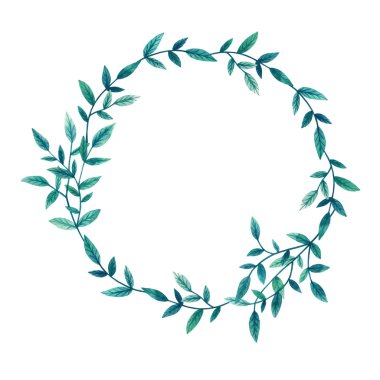 Yaprakların yeşil dallar şablonu. Yuvarlak çerçeve çiçek. Elle çizilmiş suluboya. Botanik etiket. Davetiye, tebrik kartları, doğal kozmetik, ambalaj ve çay için.