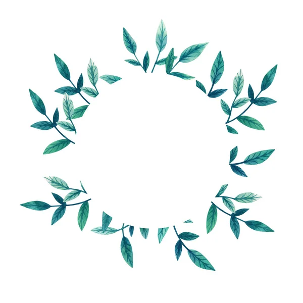 有绿色枝条的模板 圆形花框 手绘水彩画 植物标签 邀请函 天然化妆品 包装和茶 — 图库照片