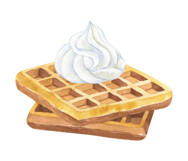 Waffles belgas com chantilly. ilustração aquarela desenhada à mão. Isolado sobre fundo branco . — Fotografia de Stock