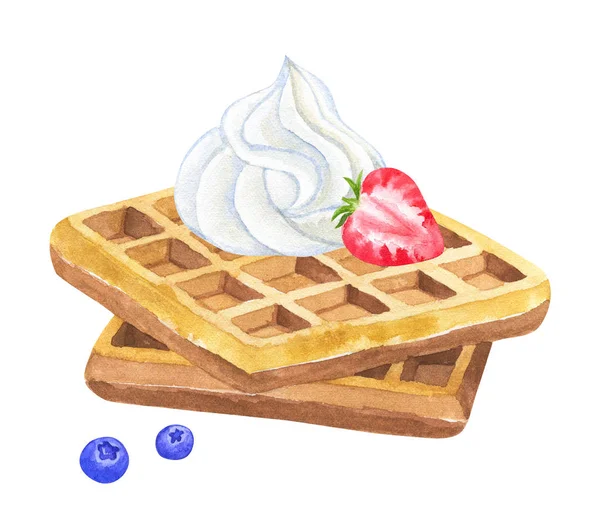 Belgické vafle se šlehačkou a jahodovou a blackberry. Ručně tažené akvarel ilustrace. Izolované na bílém pozadí. — Stock fotografie