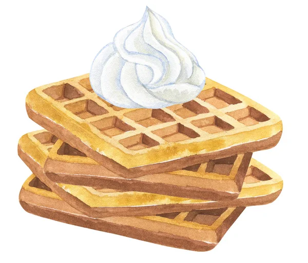 Waffles belgas com chantilly. ilustração aquarela desenhada à mão. Isolado sobre fundo branco . — Fotografia de Stock