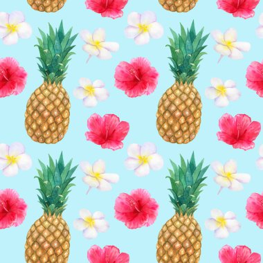 Güzel pembe kırmızı çiçekler Hibiscus ve beyaz Frangipani veya Plumeria ve ananas ile tropikal desen. Dikişsiz doku. El çizilmiş suluboya illüstrasyon.