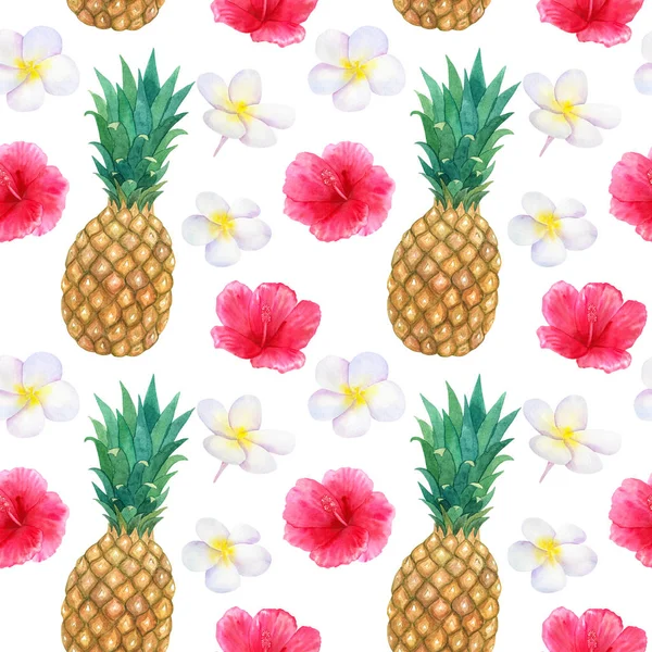 Güzel pembe kırmızı çiçekler Hibiscus ve beyaz Frangipani veya Plumeria ve ananas ile tropikal desen. Dikişsiz doku. El çizilmiş suluboya illüstrasyon.