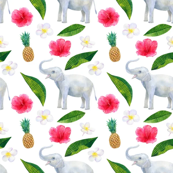 Tropisch patroon met mooie roze rode bloemen Hibiscus en witte Frangipani of Plumeria en ananas en olifant. Naadloze textuur. Met de hand getekend aquarel illustratie. — Stockfoto