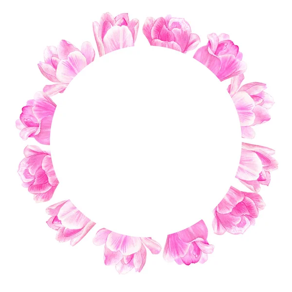 Moldura floral redonda com tulipas rosa. Para Dia dos Namorados, Dia das Mães, Casamento, Aniversário. Watercolor ilustração desenhada à mão. Isolado sobre fundo branco . — Fotografia de Stock