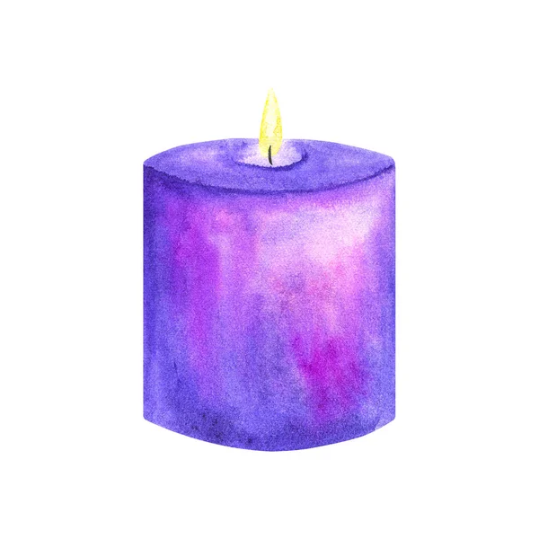 Purple violet burning candle. Hand drawn watercolor illustration. Isolated on white background. — Stock Photo, Image