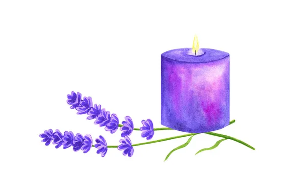 Purple violet burning candle with lavender flowers. Hand drawn watercolor illustration. Isolated on white background. — Stock Photo, Image