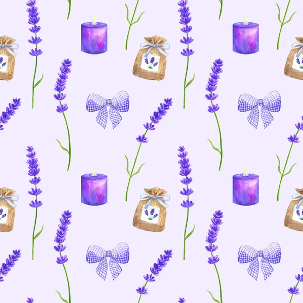Фіолетові квіти лаванди, фіолетовий лук, саше, палаюча свічка. Безшовний візерунок у стилі прованс. Ручна намальована акварельна ілюстрація . — стокове фото