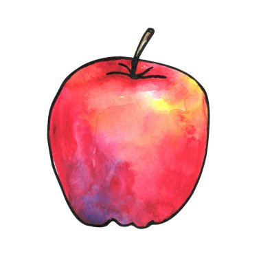 Kırmızı renkli elma. El çizilmiş suluboya ve mürekkep illüstrasyon. Beyaz arka planda yalıtılmış.