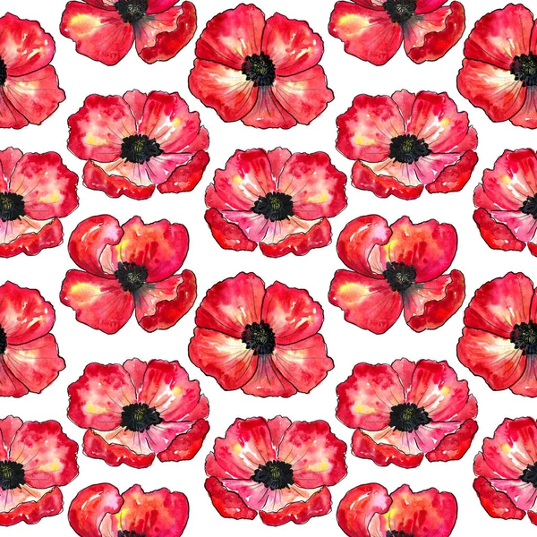 빨간 양귀비와 원활한 패턴. 다채로운 꽃입니다. 흰색 배경에 격리 된 수채화 손으로 그린 그림. — 스톡 사진