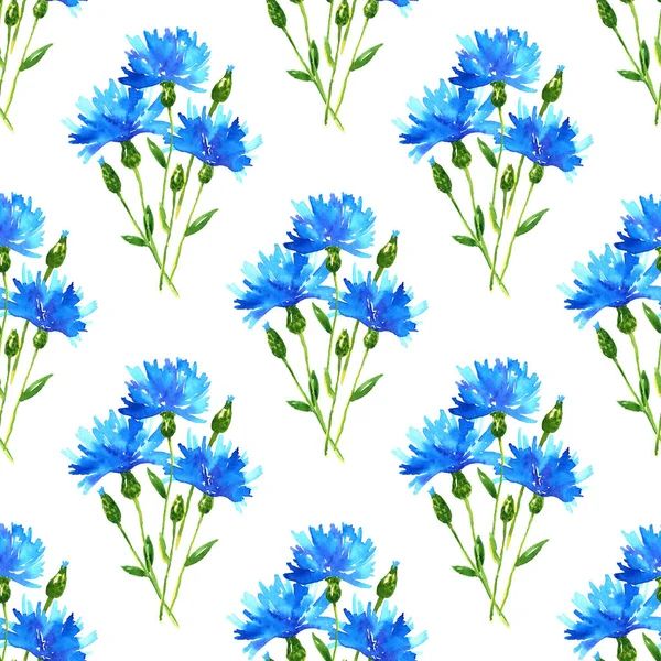 Sömlös mönster med blåklint bukett. Blå vackra blommor. Handritad akvarell illustration. Textur för tryck, tyg, textil, tapet. — Stockfoto