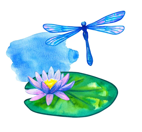 Niebieska różowa lilia wodna na zielonym liściu. Ręcznie rysowane akwarela ilustracji. Izolowane na białym tle. — Zdjęcie stockowe