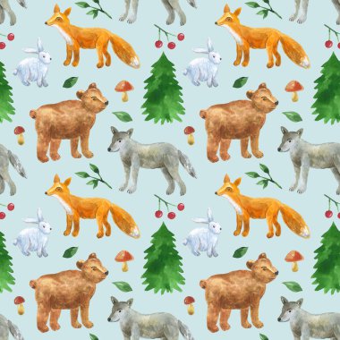 Sevimli orman hayvanları ile dikişsiz desen: kurt, ayı, tilki, tavşan. Elle çizilmiş suluboya illüstrasyon. Baskı, kumaş, tekstil, duvar kağıdı için doku.
