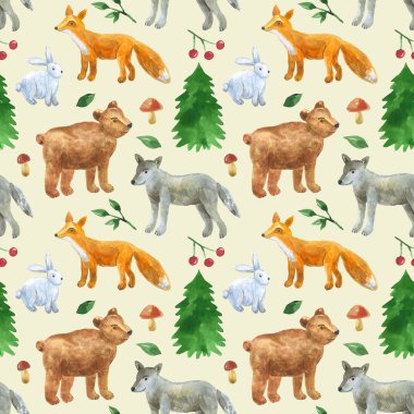 Sevimli orman hayvanları ile dikişsiz desen: kurt, ayı, tilki, tavşan. Elle çizilmiş suluboya illüstrasyon. Baskı, kumaş, tekstil, duvar kağıdı için doku.