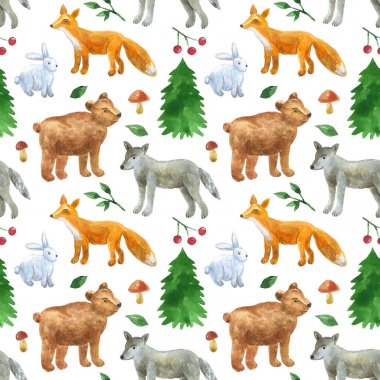 Sevimli orman hayvanları ile dikişsiz desen: kurt, ayı, tilki, tavşan. Elle çizilmiş suluboya illüstrasyon. Baskı, kumaş, tekstil, duvar kağıdı için doku.