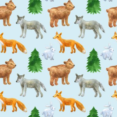 Sevimli orman hayvanları ile dikişsiz desen: kurt, ayı, tilki, tavşan. Elle çizilmiş suluboya illüstrasyon. Baskı, kumaş, tekstil, duvar kağıdı için doku.
