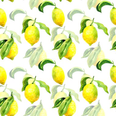 Limon ve yapraklarla kusursuz desen. El çizimi suluboya çizimi. Baskı, kumaş, tekstil, duvar kağıdı dokusu.