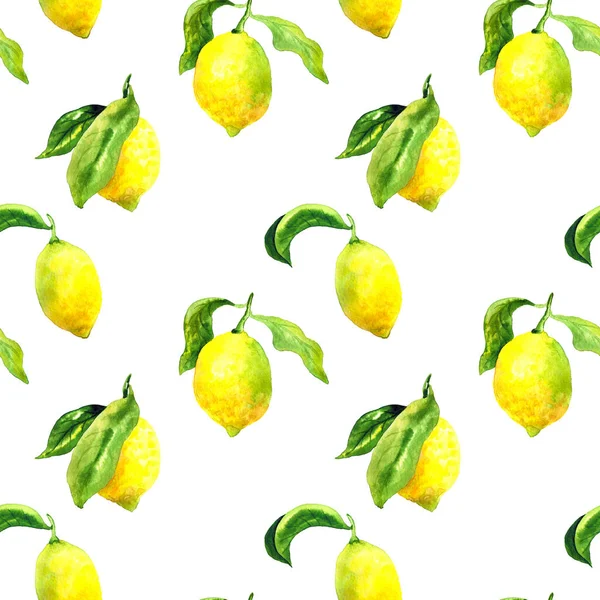 Nahtloses Muster mit Zitronen und Blättern. Handgezeichnete Aquarellzeichnung. Textur für Druck, Stoff, Textil, Tapete. — Stockfoto