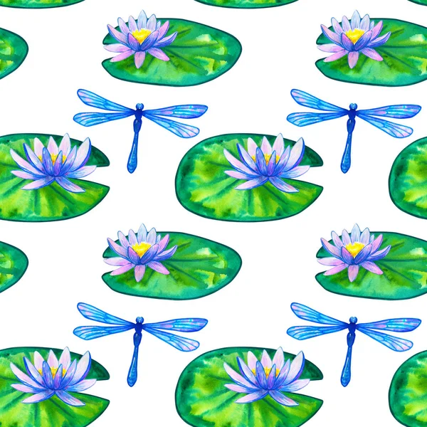 Patrón sin costuras. Lirios de agua rosa azul sobre hojas verdes y libélula. Ilustración acuarela dibujada a mano. Sobre fondo blanco . — Foto de Stock